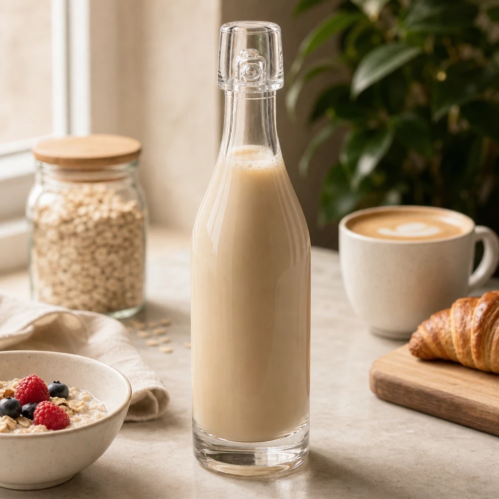 50ml lasipullo ilman kääntökorkkia UNiTWIST 50ml UNiTWIST-lasipullo, joka on täytetty kauramaidolla aamiaisen ainesosien välissä Murokulho ja croissant Keittiön pöytä