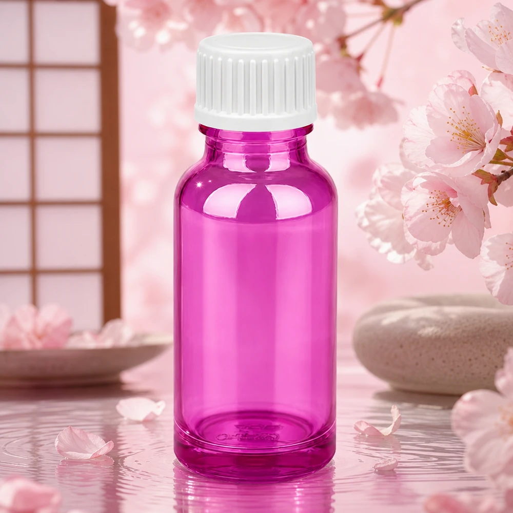 Pieni 20ml tippapullo kirkkaan violetilla värillä ja valkoisella vakiokorkilla.