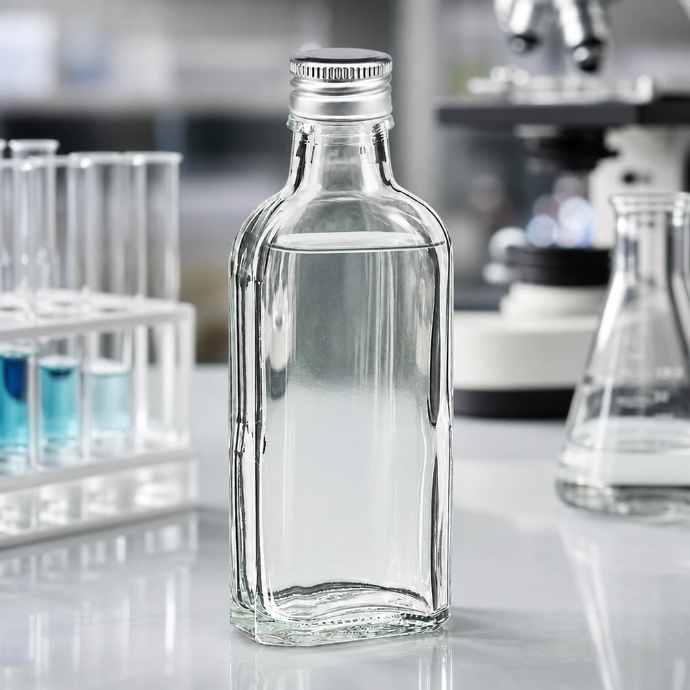 100 ml:n Meplat-pullo, kirkas, alumiinikorkilla (PP22, hopea), valkoisella laboratoriotyötasolla