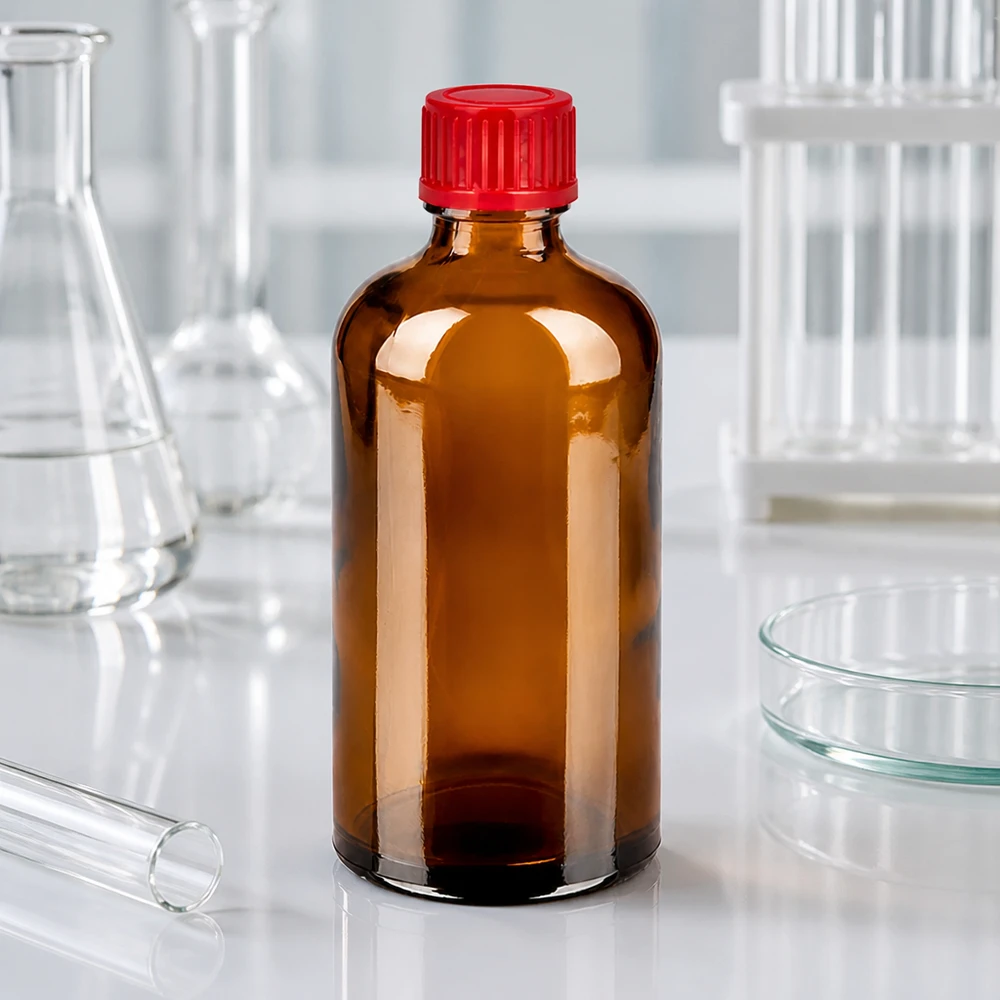 100ml BrownLine-lasipullo 11mm SV-kierteellä ja punaisella kierrekorkilla laboratoriosovelluksiin.