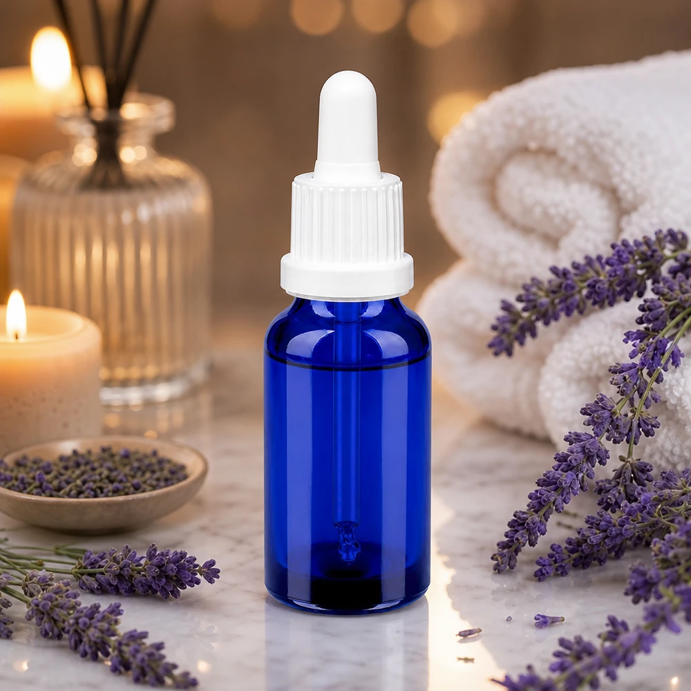 Pieni 20 ml:n pipettipullo tyylikkäässä sinisessä värissä ja valkoisella korkilla aromaterapiasovelluksiin