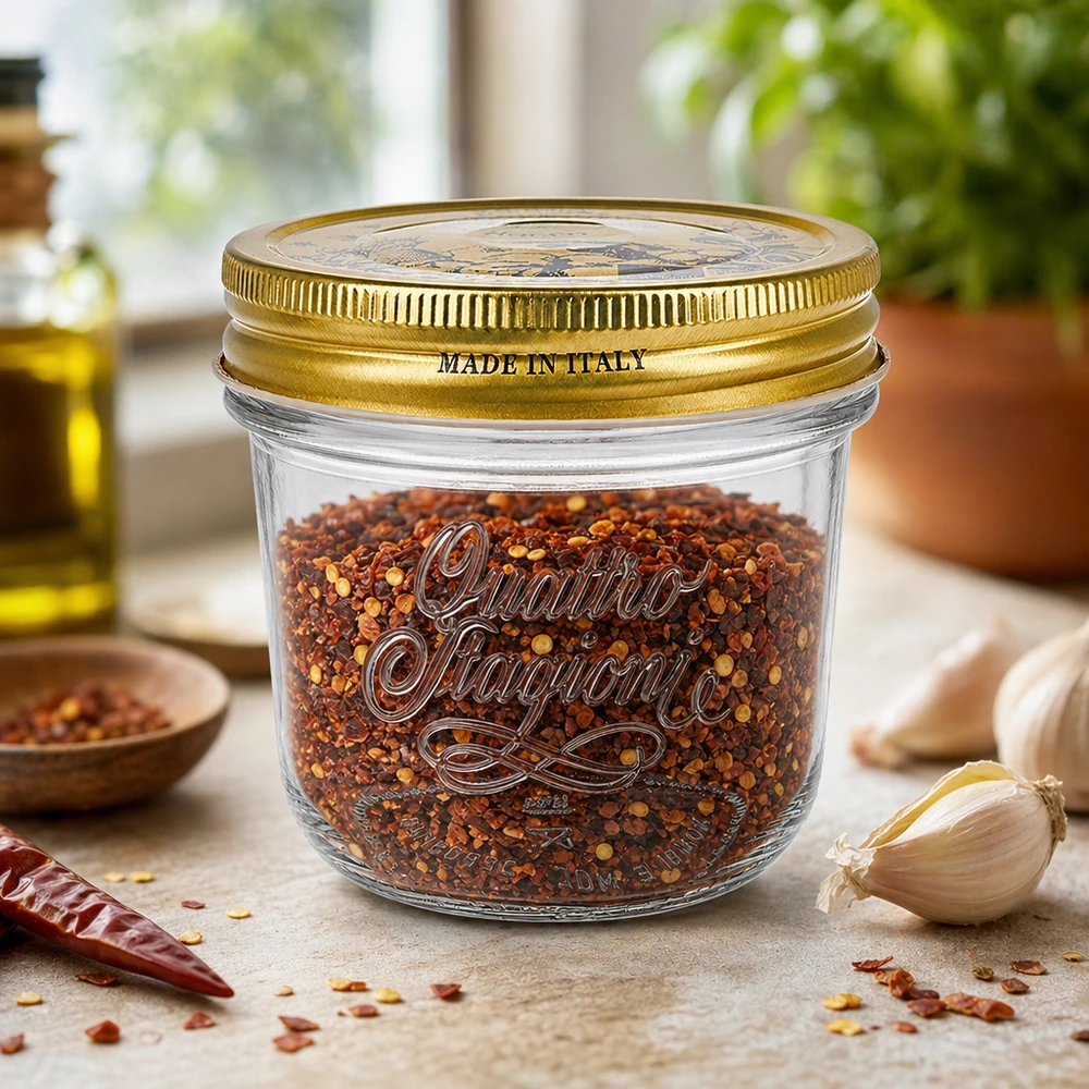 200ml Quattro Stagioni -mukit, joissa on kultainen kansi ja jotka on täytetty chilimausteseoksella Made in Italy keittiön työtasolla.