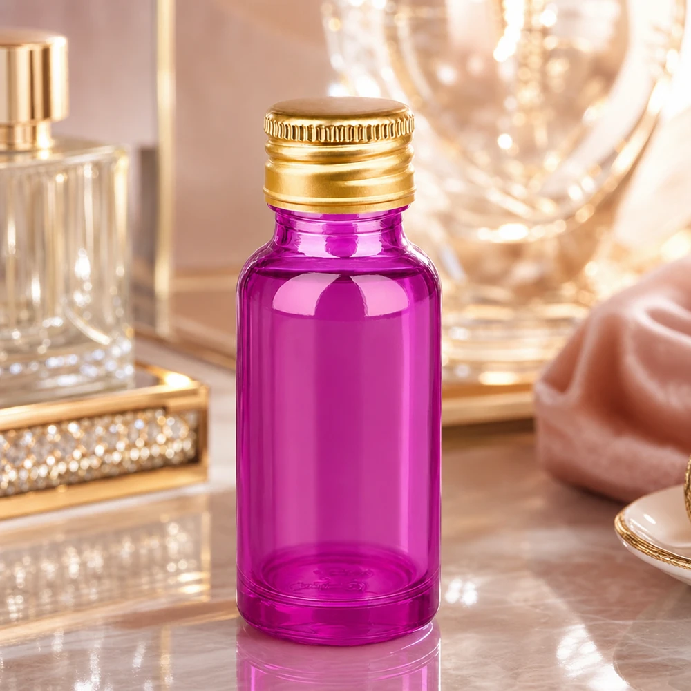 Tyylikäs 20ml violetti lasinen hajuvesipullo kultaisella metallikorkilla eksklusiivisille tuoksuille.