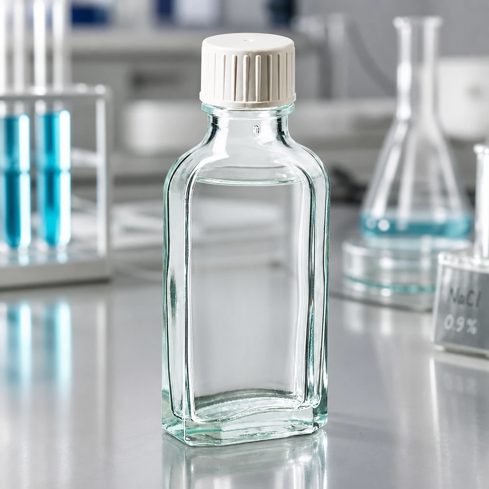 50 ml:n suorakulmainen kirkaslasipullo, jossa on uurrettu valkoinen korkki, laboratoriotyötasolla