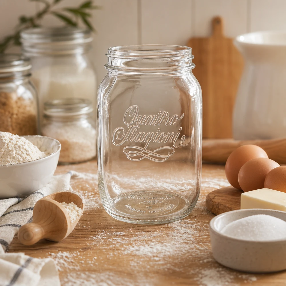 1000ml Quattro Stagioni kotitalouspurkki tyhjä puupöydällä leivonta-aineiden, jauhojen, munien ja keittiövälineiden kanssa.