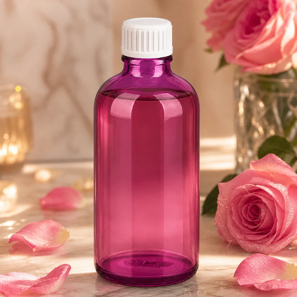 100ml (pallopullo) pullo 3mm kaaderengas valkoinen Standard PurpleLine. UT18/100 Violetti lasipullo 100ml valkoisella korkilla aromaterapiaan ja luonnonkosmetiikkaan.