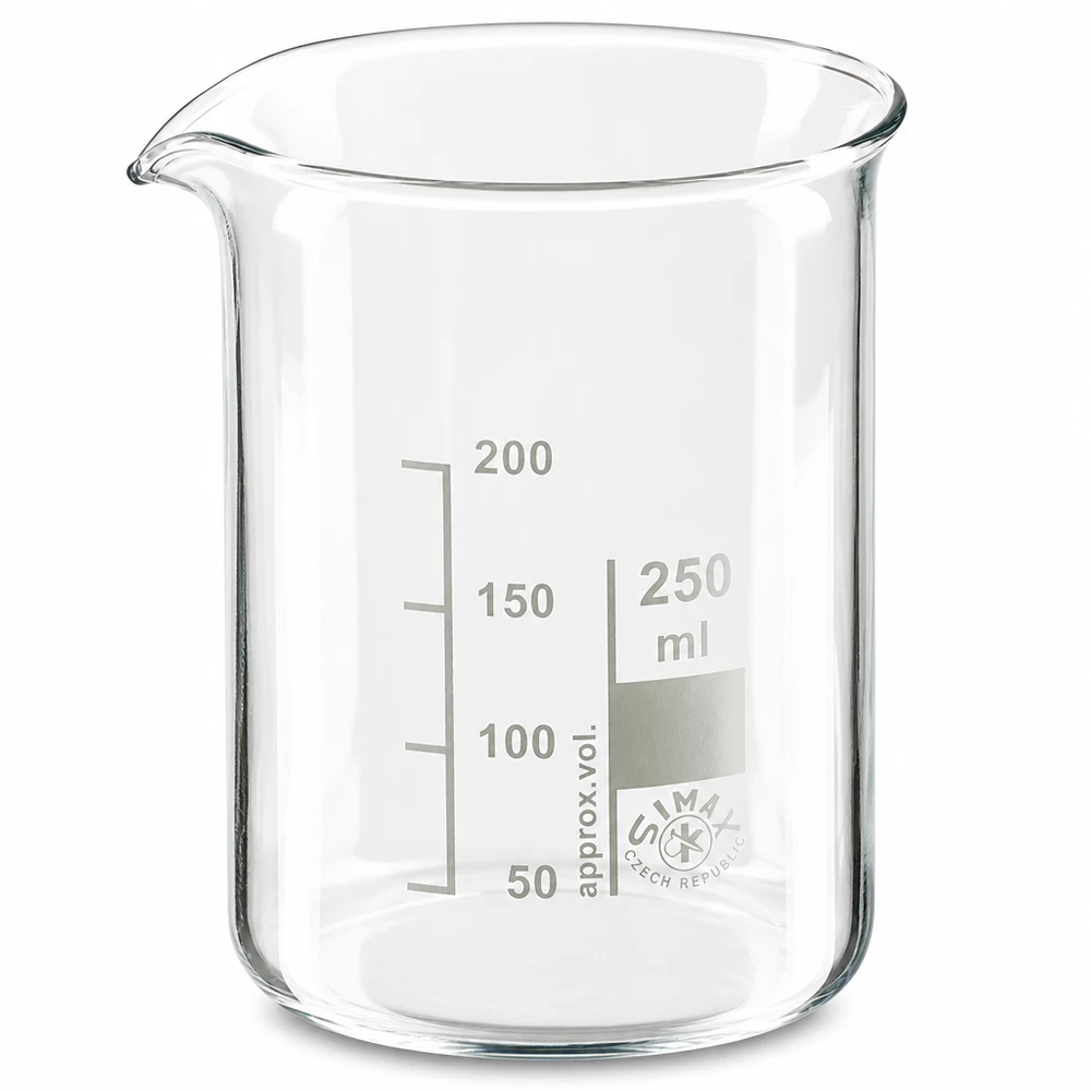 Juomalasi 250ml borosilikaattilasi, matala muotoinen Borosilikaattilasista valmistettu 250 ml:n matala laboratoriolasi, jossa on tarkka millilitran asteikko.