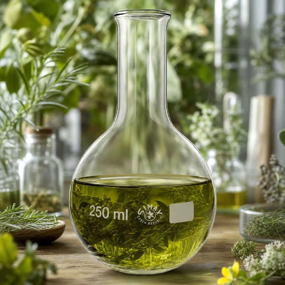 Kirkas lasipullo 250ml, jossa on vihreä yrtti-infuusio ja kapea kaula kasviuutteita varten.