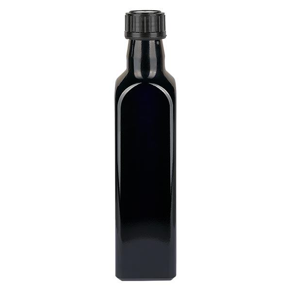 Nelikulmainen violetti lasipullo 500ml (öljypullo), UNI 10155 31.5x 24, sis. mustan kierrekorkin 103574 Nelikulmainen violetti lasipullo 500ml (öljypullo), UNI 10155 31.5x 24, sis. mustan kierrekorkin 103574