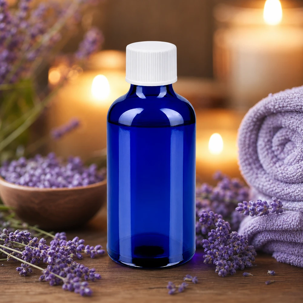 Korkealaatuinen sininen lasipullo 50ml, jossa valkoinen muovikorkki aromaterapiaan.