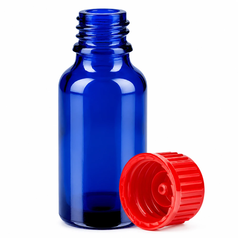 20ml koboltinsininen lasipullo, jossa 11mm punainen korkki nesteiden tarkkaan annosteluun
