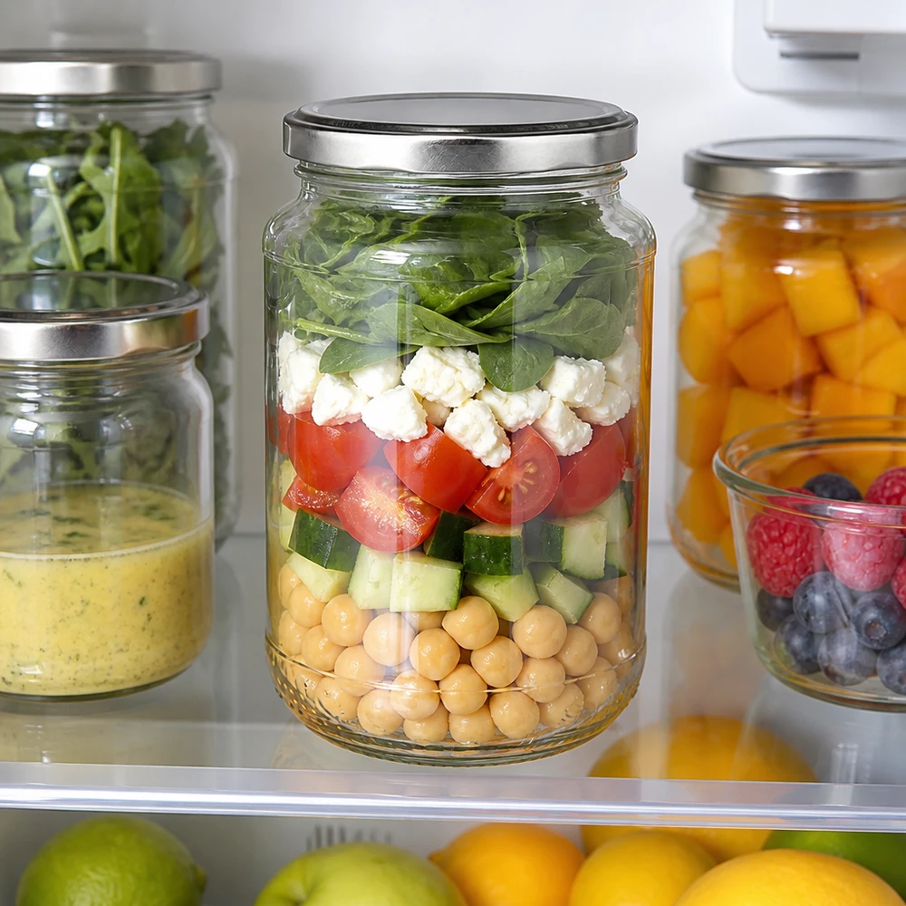 320 ml:n pyöreä lasi + BasicSeal hopea UNiTWIST Meal Prep -salaatti 320 ml:n pyöreässä lasipurkissa, jossa on hopeinen BasicSeal-kansi, säilyy tuoreena jääkaapissa