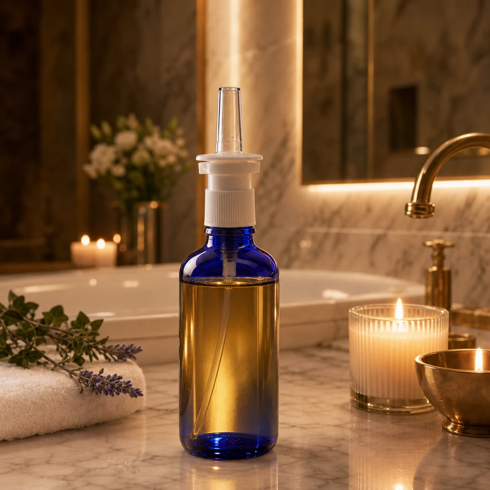 50 ml:n nenäsumutepullo, koboltinsininen, kultaisella sisällöllä, marmoripohjalla, spa-tunnelmassa