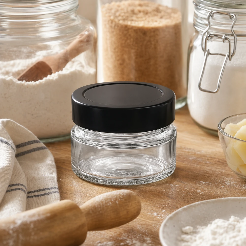 80ml pyöreä purkki + BasicSeal-kansi musta syvä UNiTWIST 80ml Rundglas BasicSeal schwarz in Backküche mit Mehl Zutaten perfekt für Gewürze Backmischungen Küchendeko