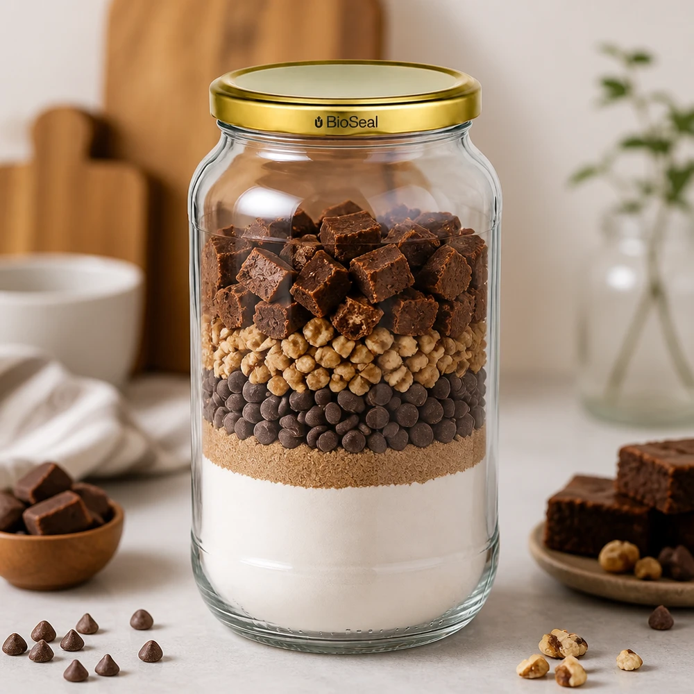 1062ml pyöreä purkki kultaisella UNiTWIST BioSeal-kannella. UNiTWIST Runda1062 Kerrospurkki brownie mix suklaa pähkinät TO82 BioSeal kultainen kansi leivontasekoitus säilytyspurkki