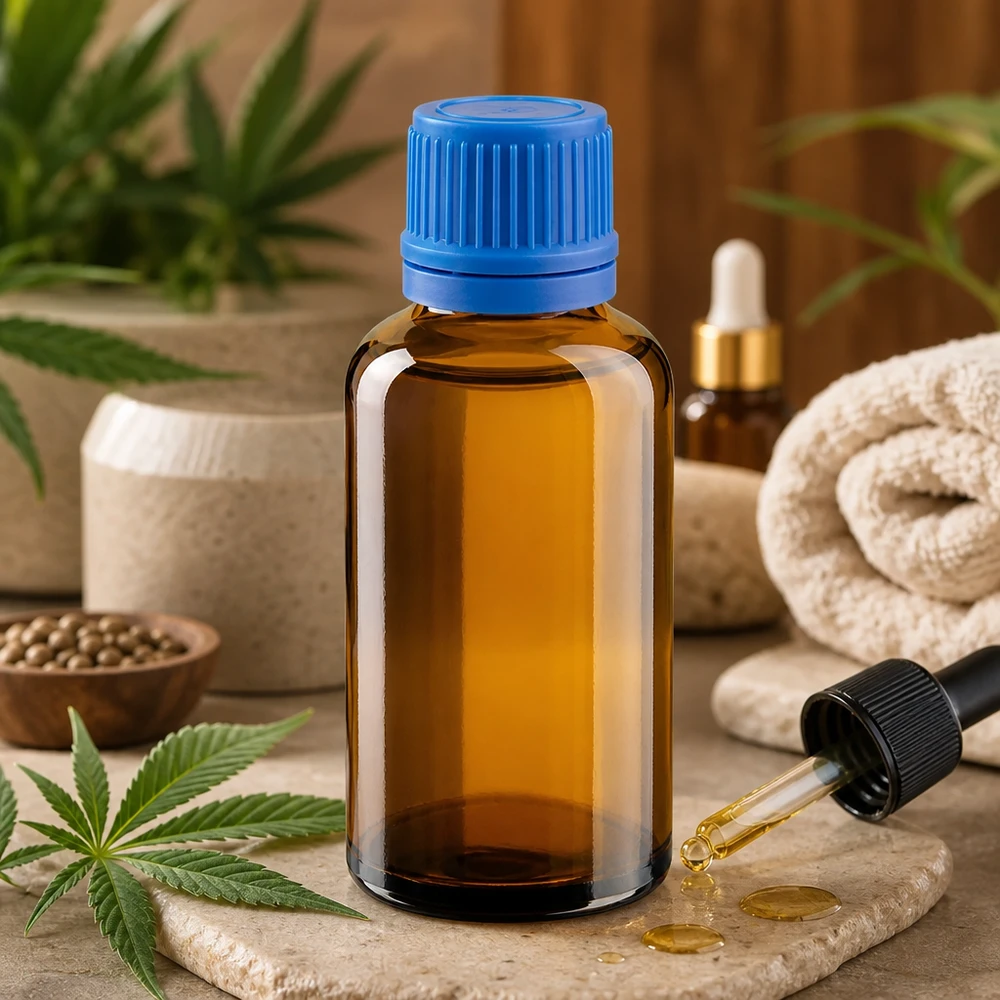 Kompakti 50ml lasipullo ruskealla ruskealla ja sinisellä korkilla aromaterapiasovelluksiin.