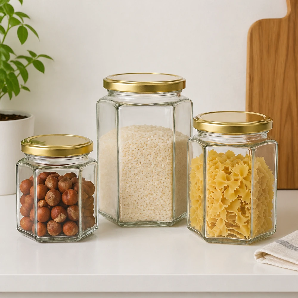 Kolme 500g hunajapurkkia BasicSeal eri kokoja täynnä kultaisia kansia Pähkinät Riisi Pasta Säilytysvarastointi varastointi
