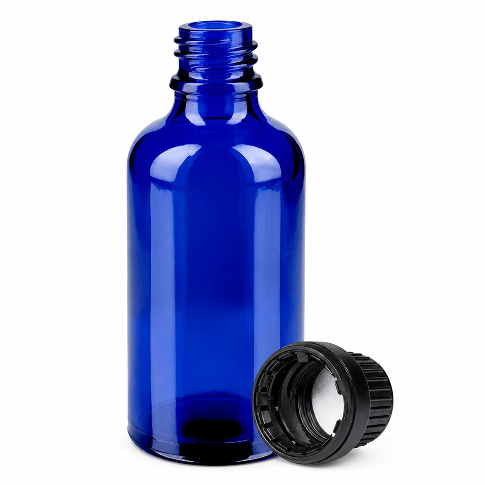 50ml pullo 11mm kierrekorkki musta väärentämisen estävä korkki BlueLine UT18/50 50ml BlueLine-lasipullo 11mm kierteellä ja mustalla väärentämisen estävällä korkilla UT18/50