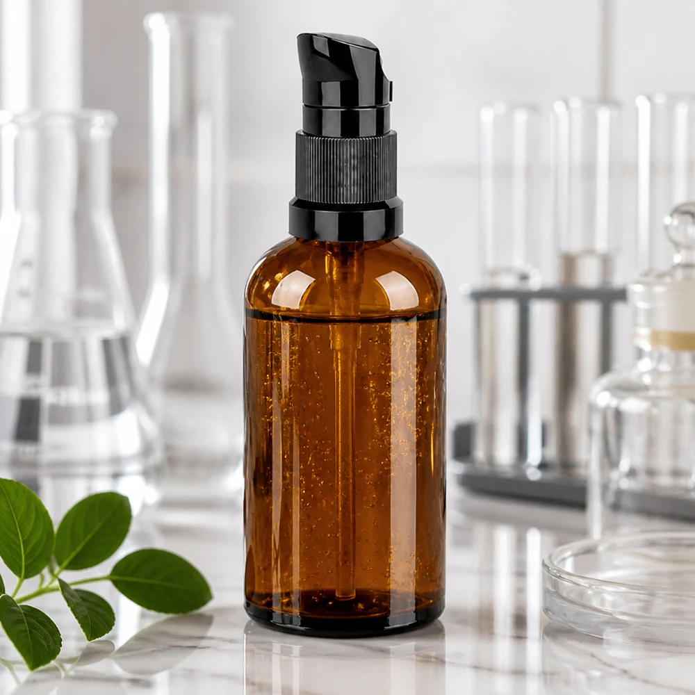 Laadukas 100ml pumppupullo BrownLine, jossa on tarkka annostelulaite ammattimaiseen kosmetiikan käyttöön.