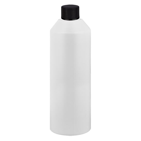 Apteekkipullo HDPE 250ml valkoinen, mustalla ruuvikorkilla varustettu Apteekkipullo HDPE 250ml valkoinen, mustalla ruuvikorkilla varustettu