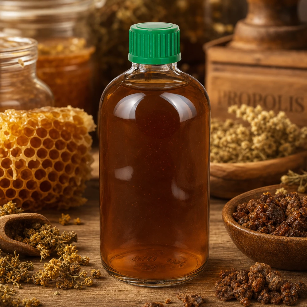 Täytetty 100 ml:n ClearLine-tiputuspullo, jossa on propolis-uutetta ja taustalla mehiläispesä