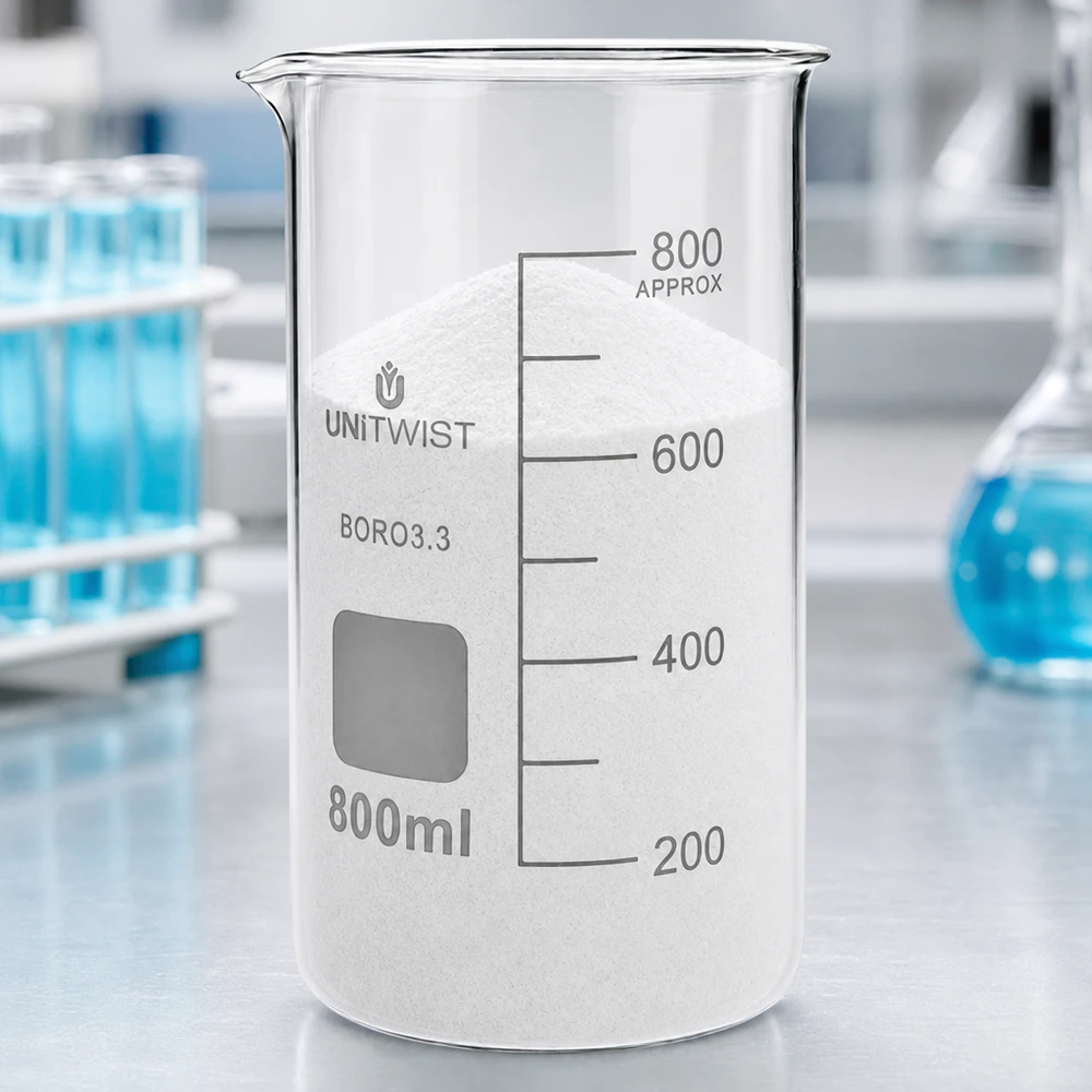 800 ml:n borosilikaattilasi, korkea muotti UNiTWIST UNITWIST-lasimuki, 800 ml, korkea malli, täytetty valkoisella jauheella, laboratoriopöydällä, borosilikaattia