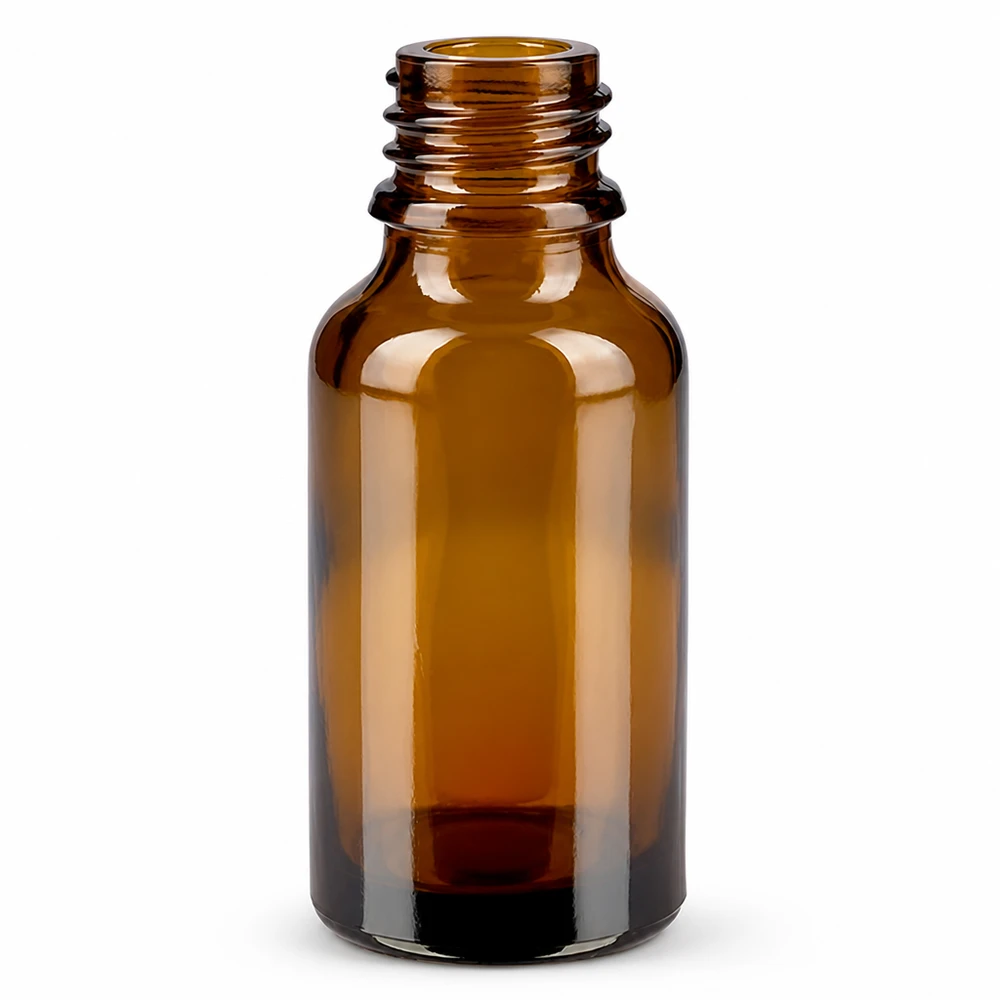 Tippapullo 30 ml DIN 18 ruskeankeltainen lasi LOW SHAPE 30ml ruskea lasinen apteekkipullo ruuvikierteellä eteerisille öljyille ja lääkkeille.