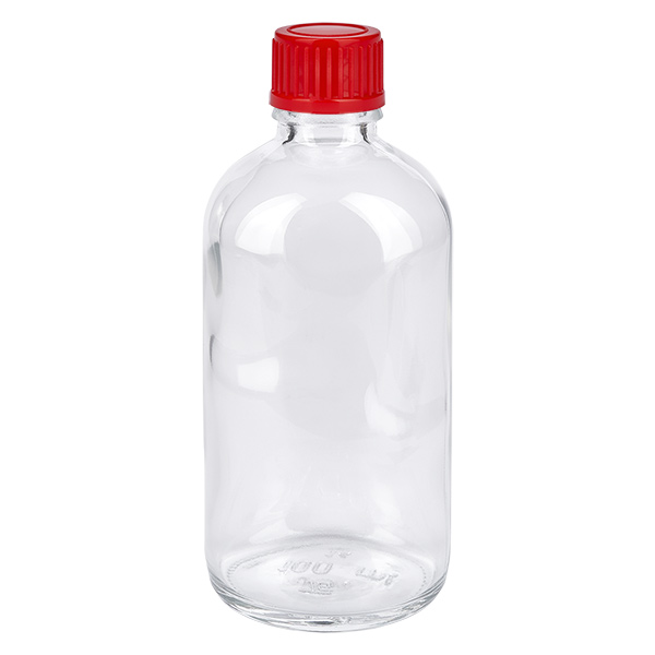 100ml pullo 11mm kierrekorkki punainen Standard ClearLine UT18/100 100 ml:n kirkaslasipullo, jossa on punainen kierrekorkki, 11 mm, ClearLine-lääkepullo UT18/100