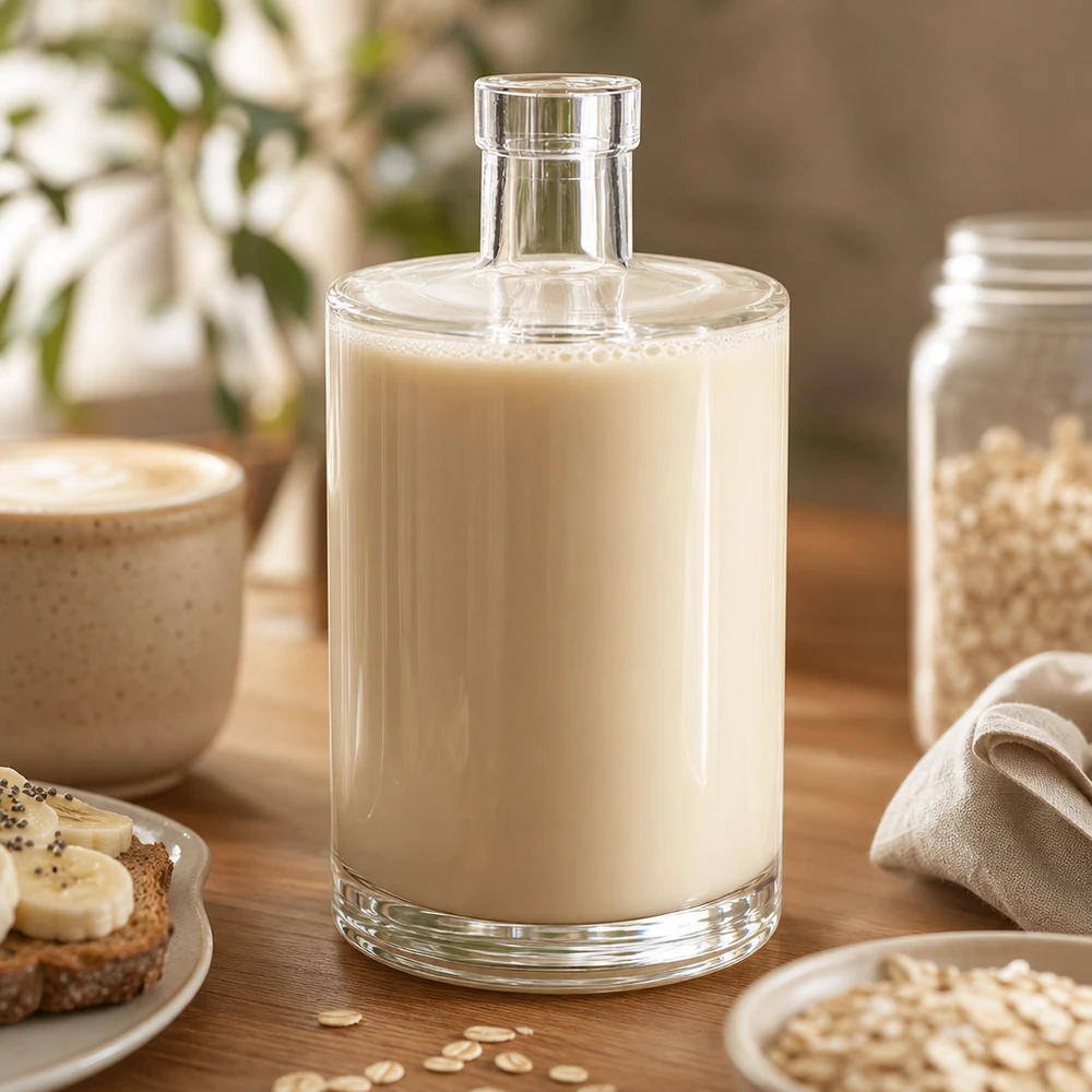 700 ml:n lasipullo Marie täynnä kauramaitoa puupöydällä murokulhon ja kaurahiutaleiden vieressä keittiössä.