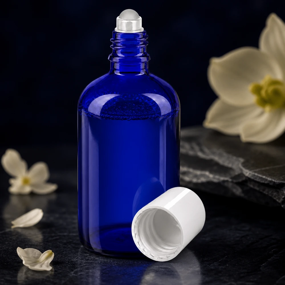 Apteekkipullo sininen 100ml roll-on korkki valkoinen Koboltinsininen 100 ml:n roll-on-pullo, valmistettu korkealaatuisesta apteekkilasista, jossa on avattava valkoinen kierrekorkki