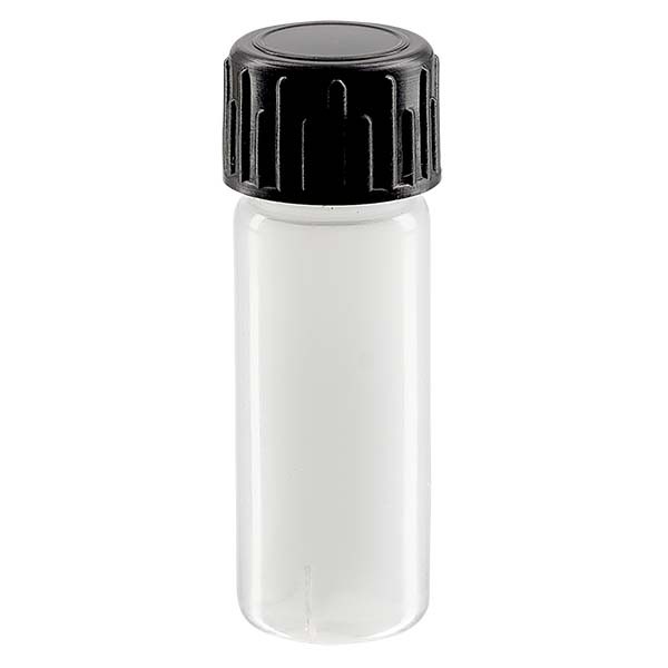 Näytepullo 5ml PE-LD:stä, luonnonmukainen täydellinen, mustalla kierrekorkilla varustettu pullo
