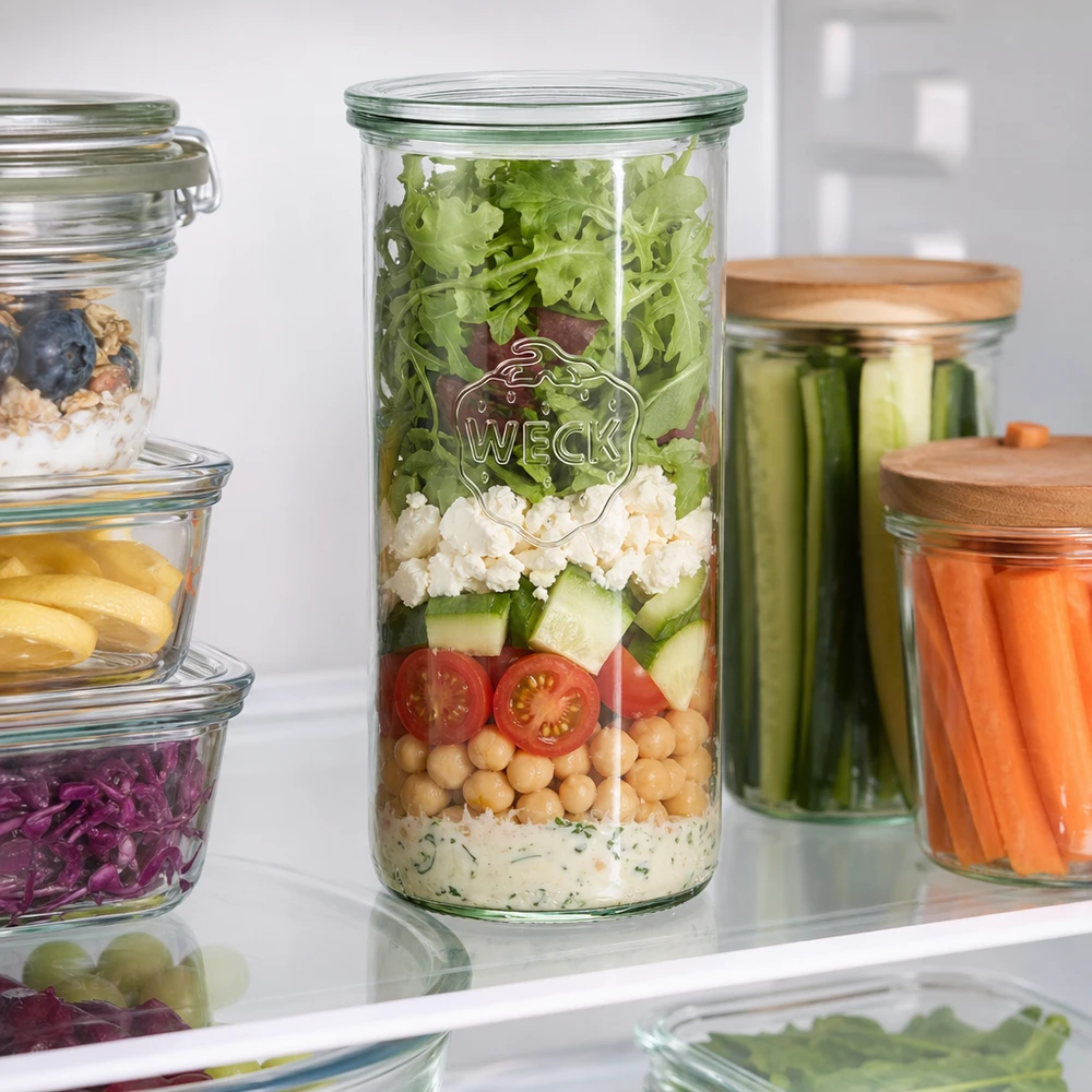 WECK 1500ml RR100 tumblers jääkaapissa täynnä kerrostettua salaattia muiden Meal Prep -säilytyspurkkien välissä.