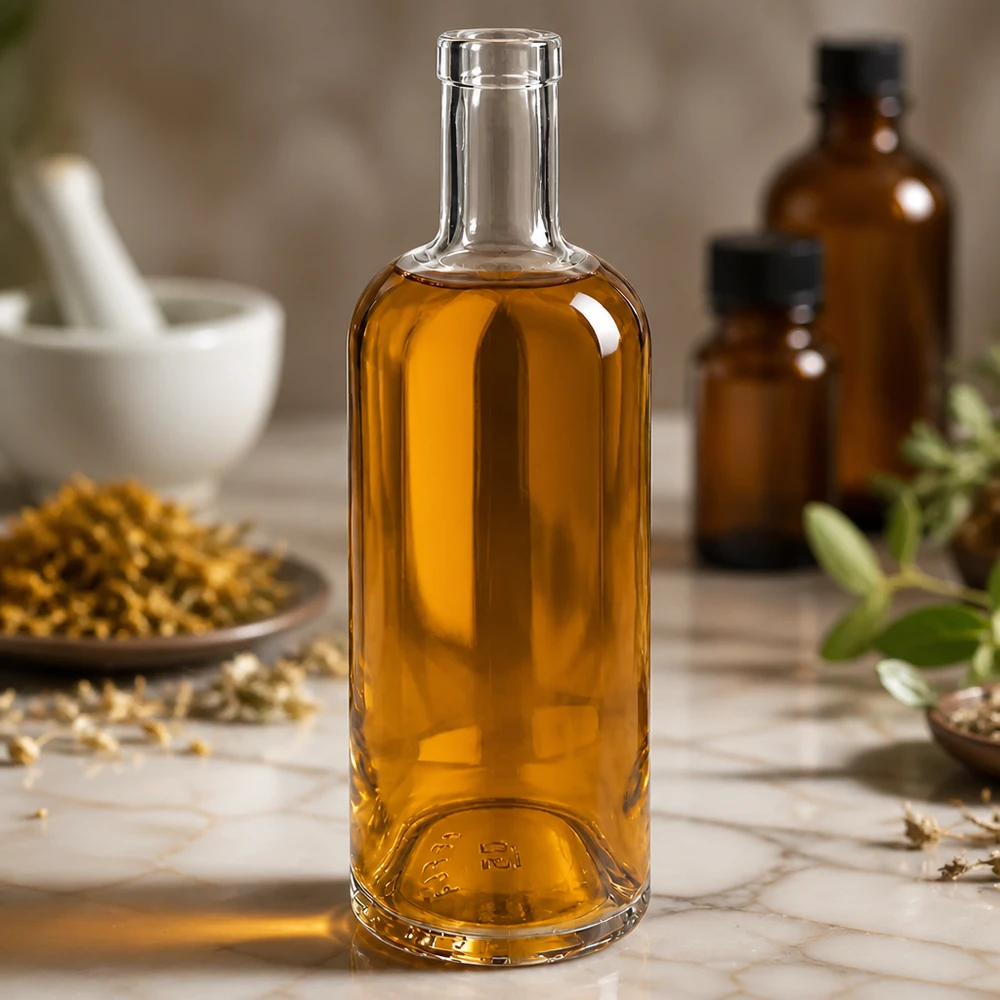 750ml Glasflasche "Attila" ohne Verschluss UNiTWIST® 750ml Glasflasche Emma mit goldbraunem Inhalt in apotheker-ähnlicher Umgebung mit Kräutern und Mörser dekoriert