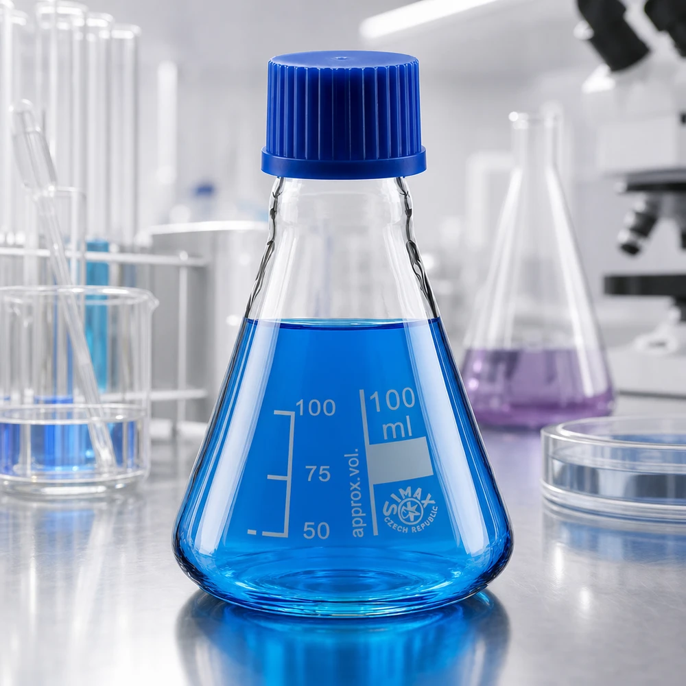 Erlenmeyer-pullo 100ml, jossa on kierrekorkki. Erlenmeyer-pullo 100ml, sininen korkki kemiallisiin kokeisiin, laboratoriotarvikkeet