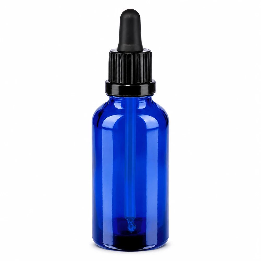 30 ml:n pipettipullo musta väärentämisen estävä suljin BlueLine UT18/30 BlueLine UT18/30 30ml pipettipullo sinisestä lasista, jossa on musta korkki OV BlueLine UT18/30