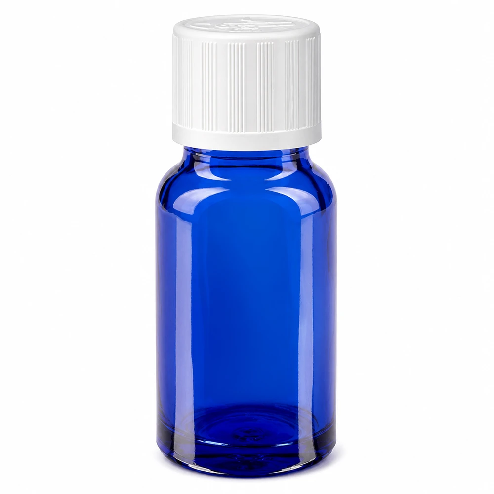 10 ml:n sininen lasinen apteekkipullo, jossa on valkoinen 11 mm:n lapsiturvallinen korkki