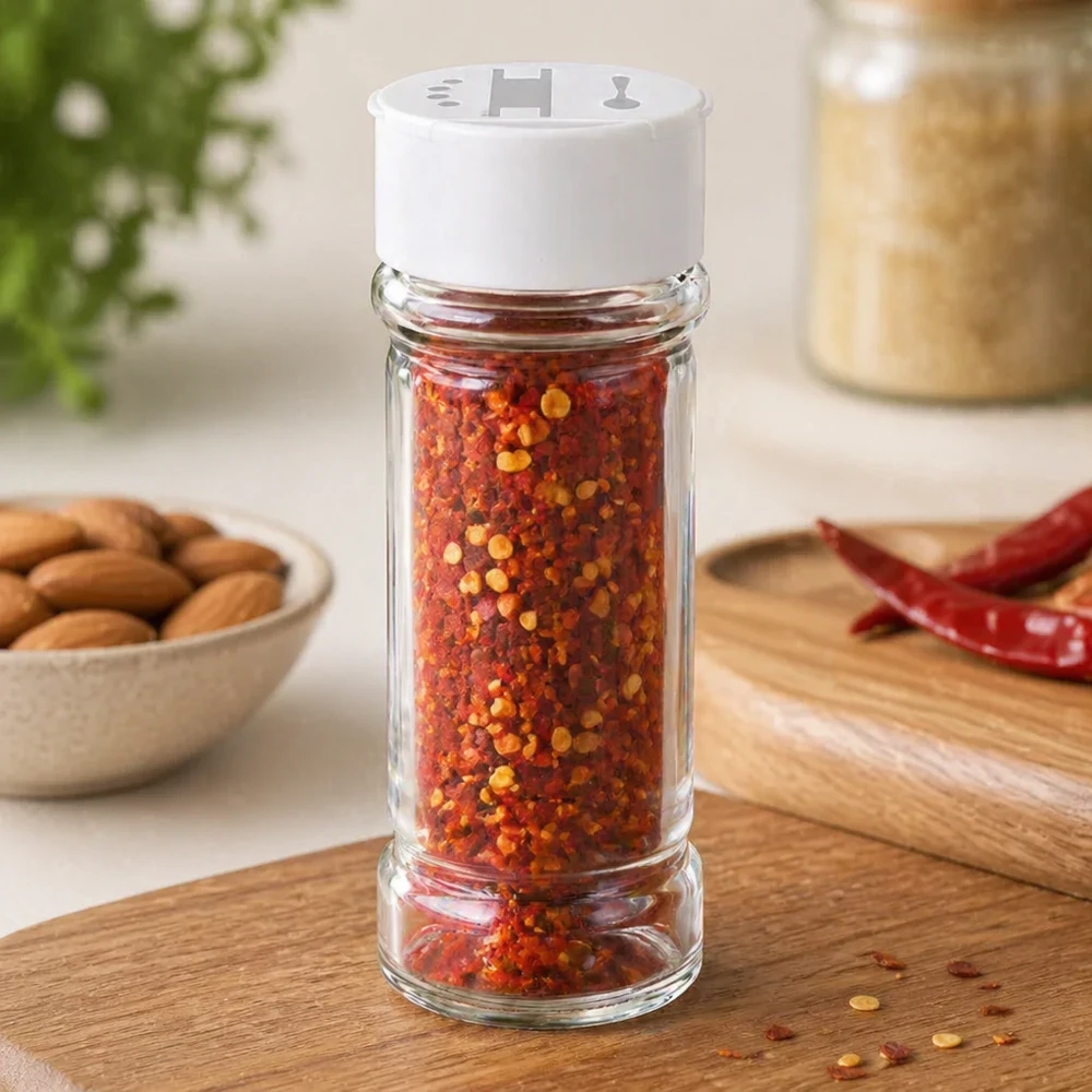 100 ml:n maustepurkki kirkkaasta lasista, täytetty chilihiutaleilla, puulevyllä kuivattujen chilien kera