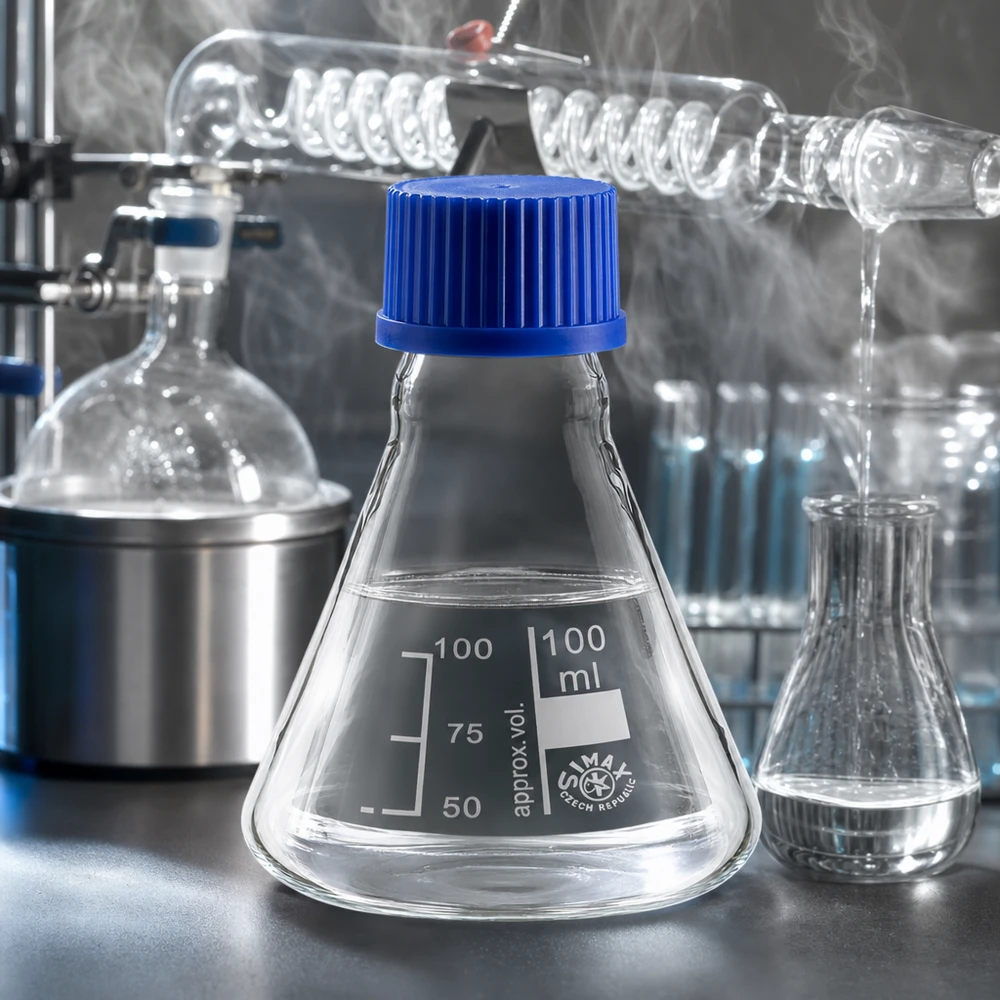 Erlenmeyer-pullo 100ml, jossa on kierrekorkki. Erlenmeyerpullo 100ml, jossa on kuumuutta kestävää borosilikaattilasia ja sininen kierrekorkki.