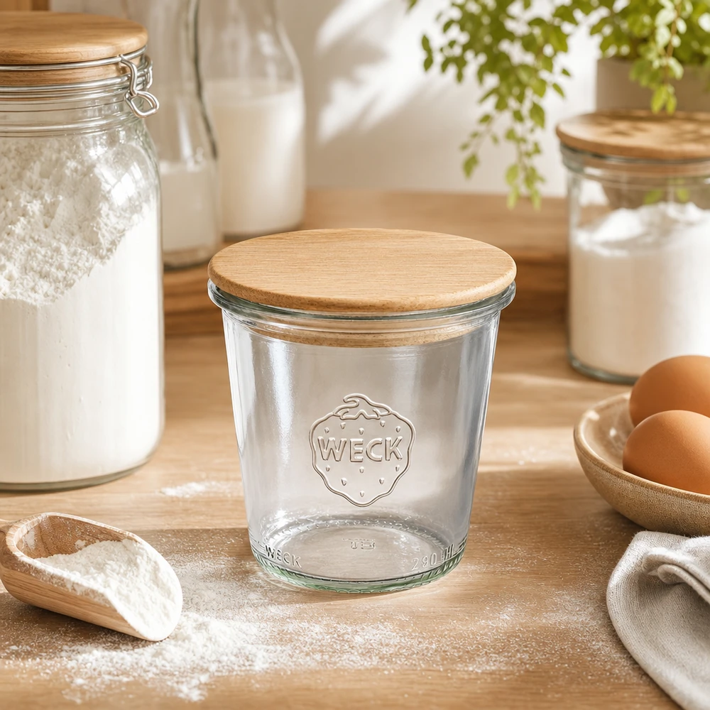 WECK Sturzglas 290ml RR80 mit Holzdeckel in natürlicher Küchenszene mit Mehl Eiern und Backzutaten auf Holzbrett