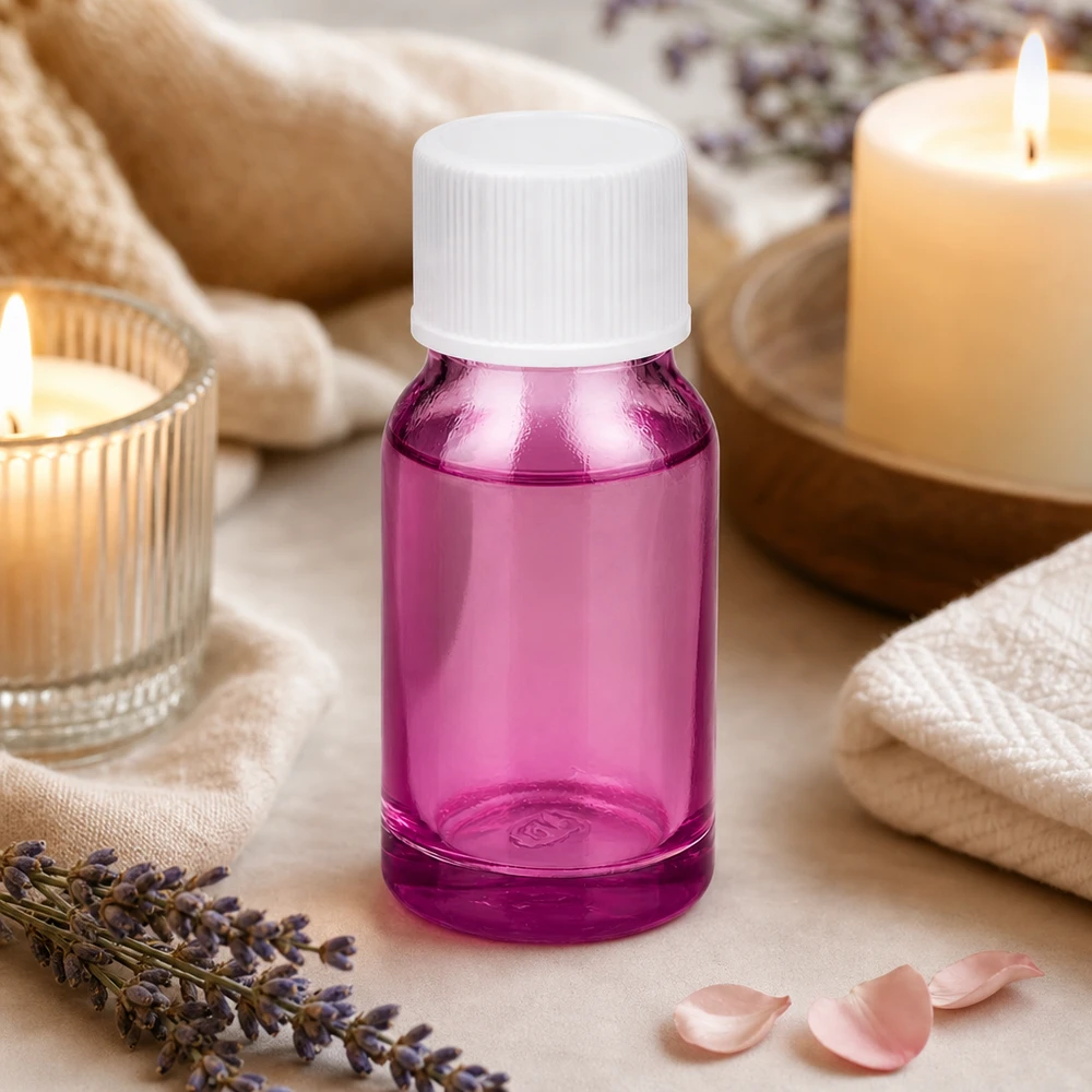 10ml violetti lasipullo valkoisella kierrekorkilla DIY kosmetiikkaan ja kotitekoisiin seerumeihin.