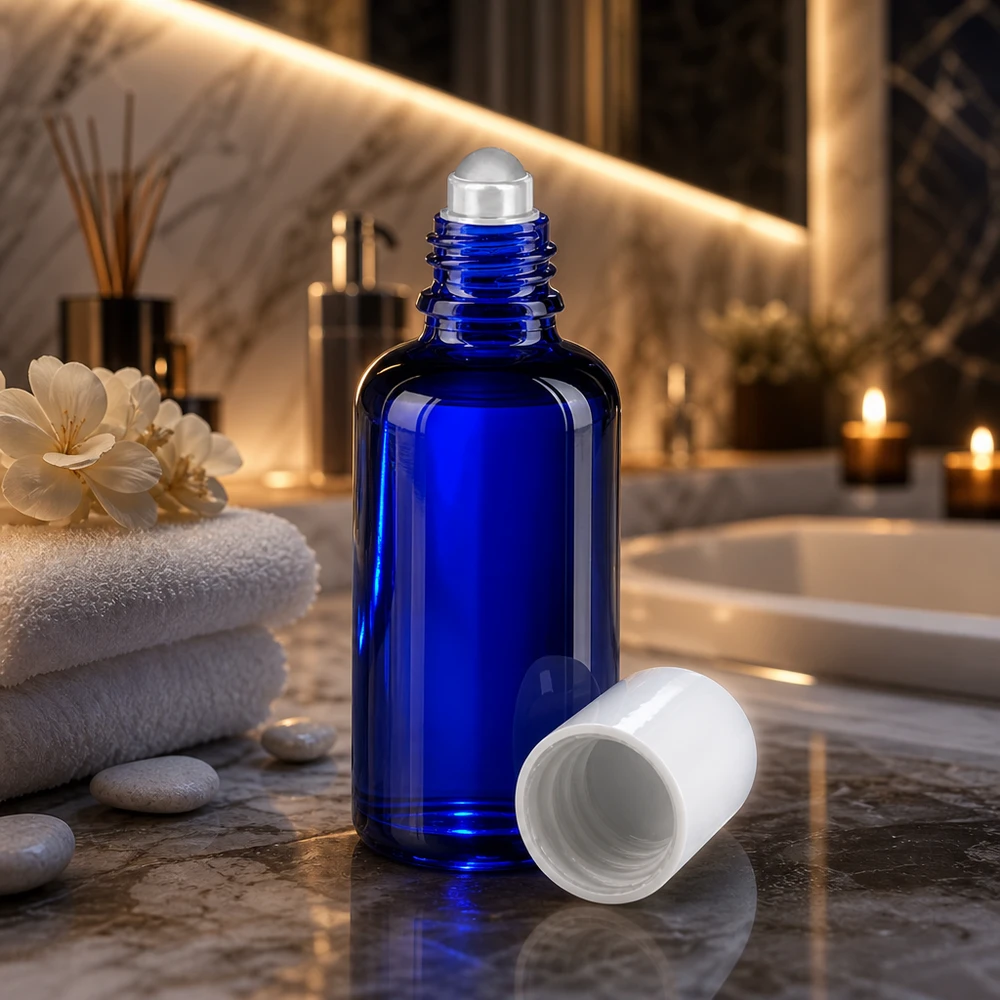 Apteekkipullo sininen 50ml roll-on korkki valkoinen 50 ml:n roll-on-pullo koboltinsinisellä värillä, valkoisella muovikannella ja lasisella rullapallolla, spa-tyylisessä pakkauksessa