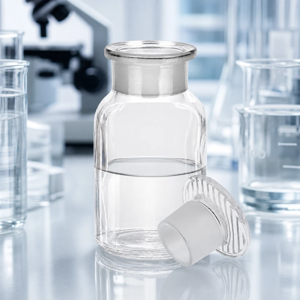 Pyöreäolkapullopullo, 100 ml, leveäkaulainen, lasitulpalla varustettu, laboratorionäytteiden turvalliseen säilytykseen