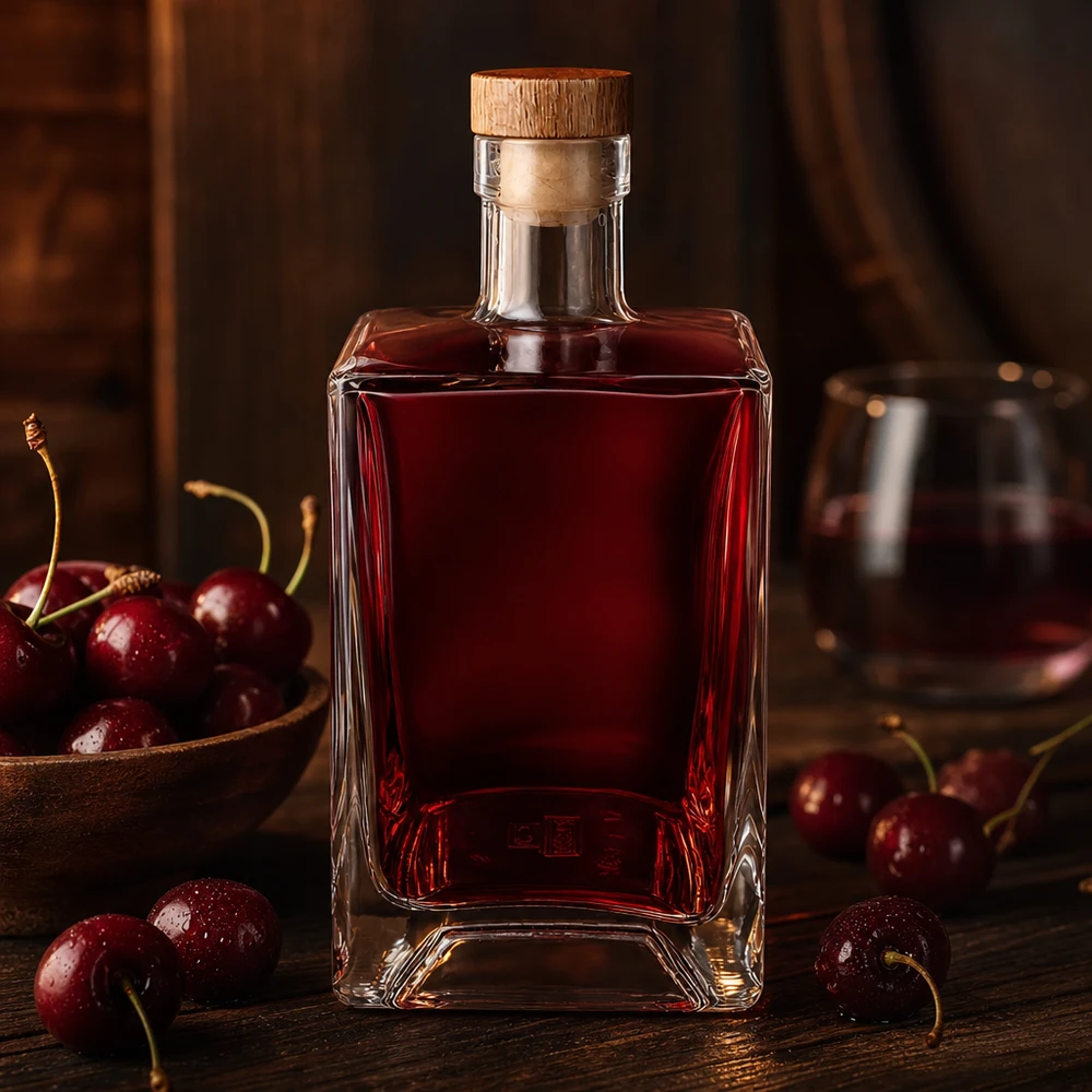 700ml Glasflasche "Gali" mit Holzgriffkorken UNiTWIST® 700ml lasipullo Ben täytetty punaisella kirsikkaliköörillä tuoreiden kirsikoiden välissä maalaismainen puupinta UNiTWIST korkki