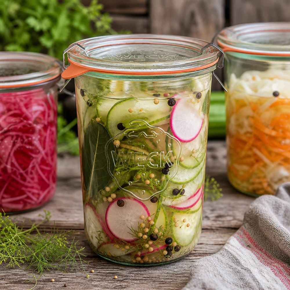 850 ml:n tumppupurkki täydellisenä WECK RR100 WECK RR100 Sturzglas 850ml mit eingelegtem Gurken-Radieschen-Salat zeigt perfekte Fermentation und Konservierung