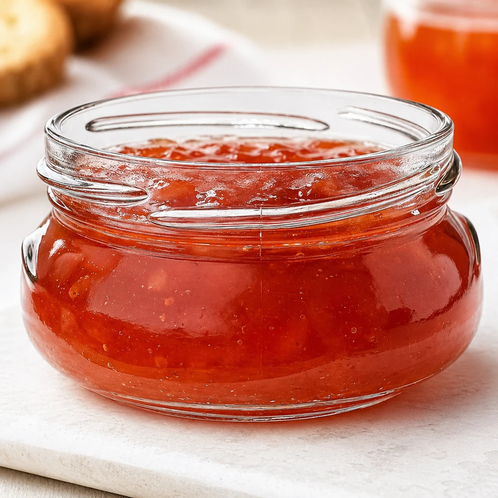 120ml terriinipurkki ilman kantta (TO70) UNiTWIST UNiTWIST UNiTWIST Terrina120 terriinipurkki 120ml TO70 täynnä punaista hilloa valkoisella puulevyllä.