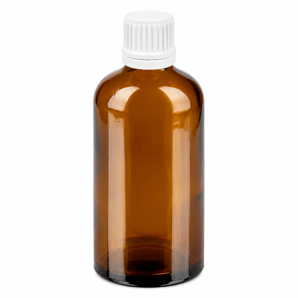 100ml pullo 11mm kierrekorkki valkoinen väärentämisen estävä sulkeminen BrownLine UT18/100 100ml meripihkanvärinen lasipullo valkoisella kierrekorkilla lääkkeille ja kosmetiikalle.