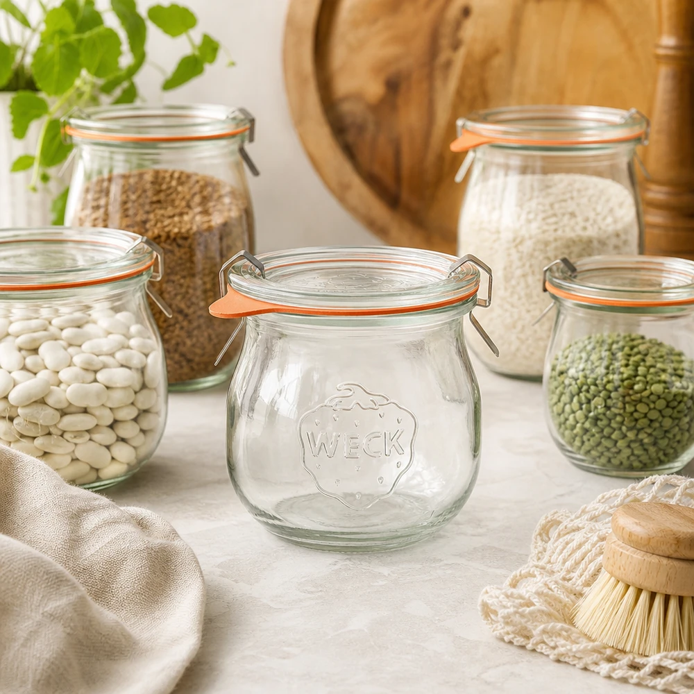 75ml tulppaanipurkki täydellinen WECK RR40 WECK tulppaanipurkki 75ml RR40 luonnollisessa keittiöympäristössä säilytyspurkkien välissä, joissa on palkokasveja ja viljaa