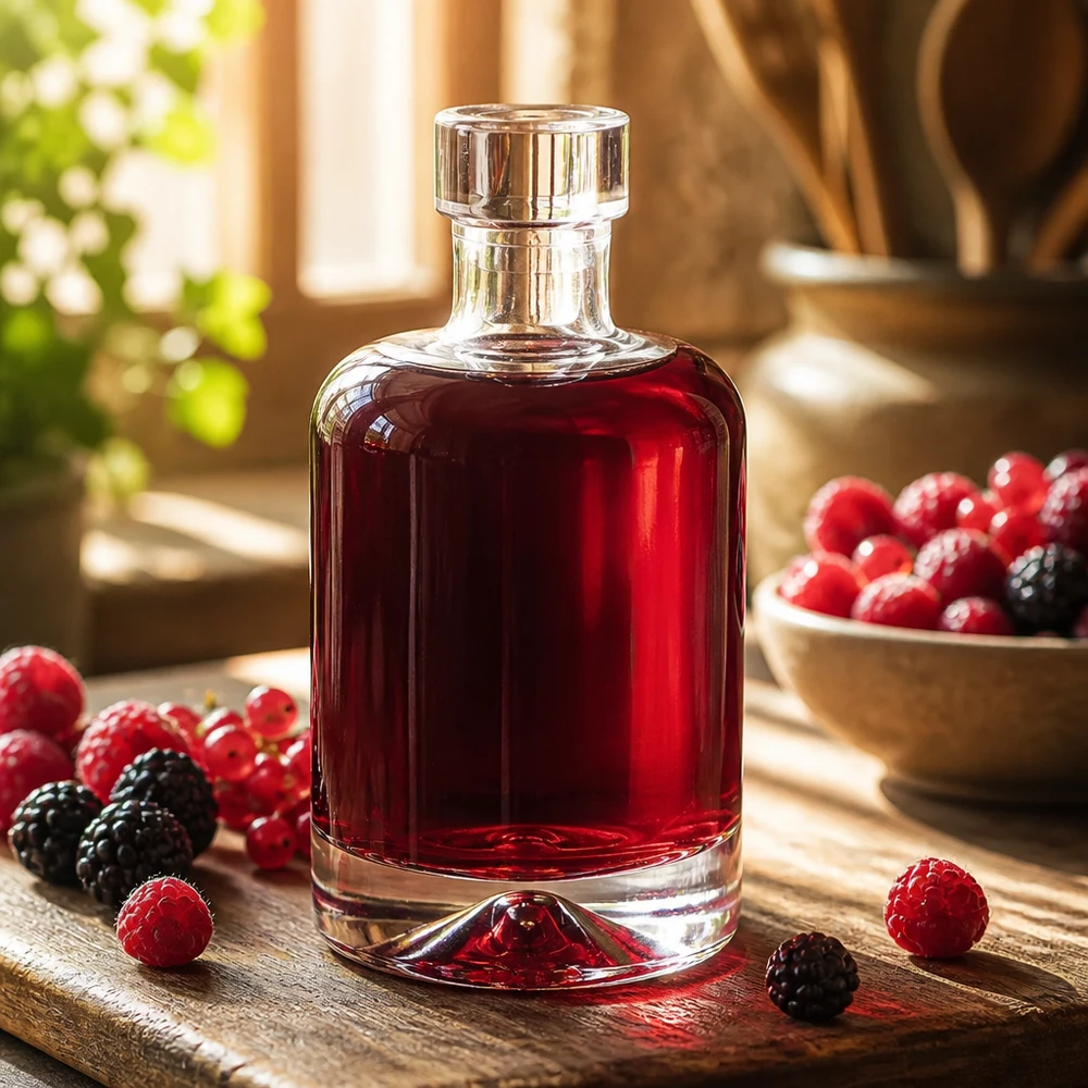 50 ml:n lasipullo Amelie täynnä punaista marjalikööriä, jota ympäröivät tuoreet vadelmat ja karhunvatukat osoittavat hienoja väkeviä alkoholijuomia.