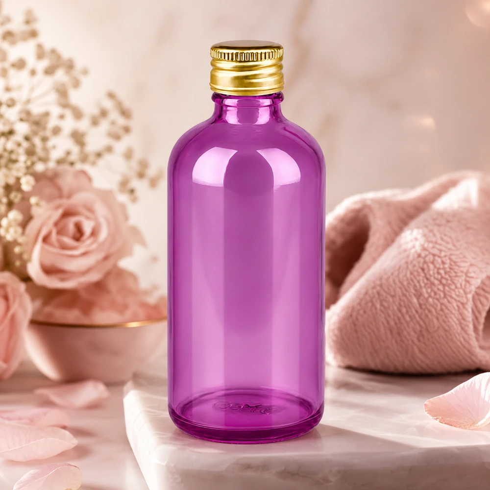 Kompakti 100ml apteekkipullo violetista lasia, jossa on käytännöllinen 18mm kierre.