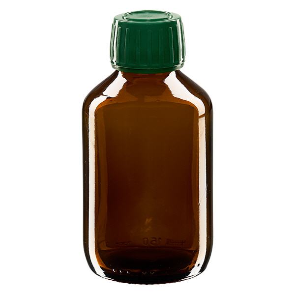 150ml lääkepullo ruskea, korkki vihreä, jossa on väärentämisen estävä rengas ApoGlas 150ml lääkepullo ruskea, korkki vihreä, jossa on väärentämisen estävä rengas ApoGlas
